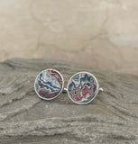 Sterling Silver and Motor Agate Fordite Round Cufflinks #2257