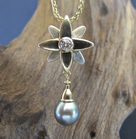 North Star Pendant - 14K White & Yellow Gold, Diamond, Tahitian Pearl #PD19