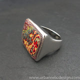 Stainless Steel and Motor Agate Fordite Large Rectangle Ring #1967