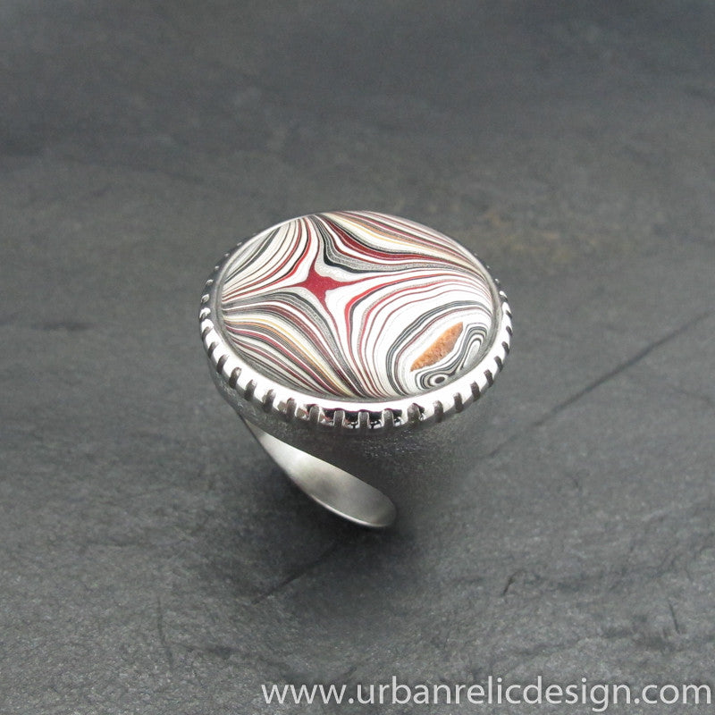 Stainless Steel and Motor Agate Fordite Ring #2079