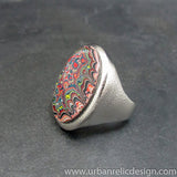 Stainless Steel and Motor Agate Fordite Large Ring #2136