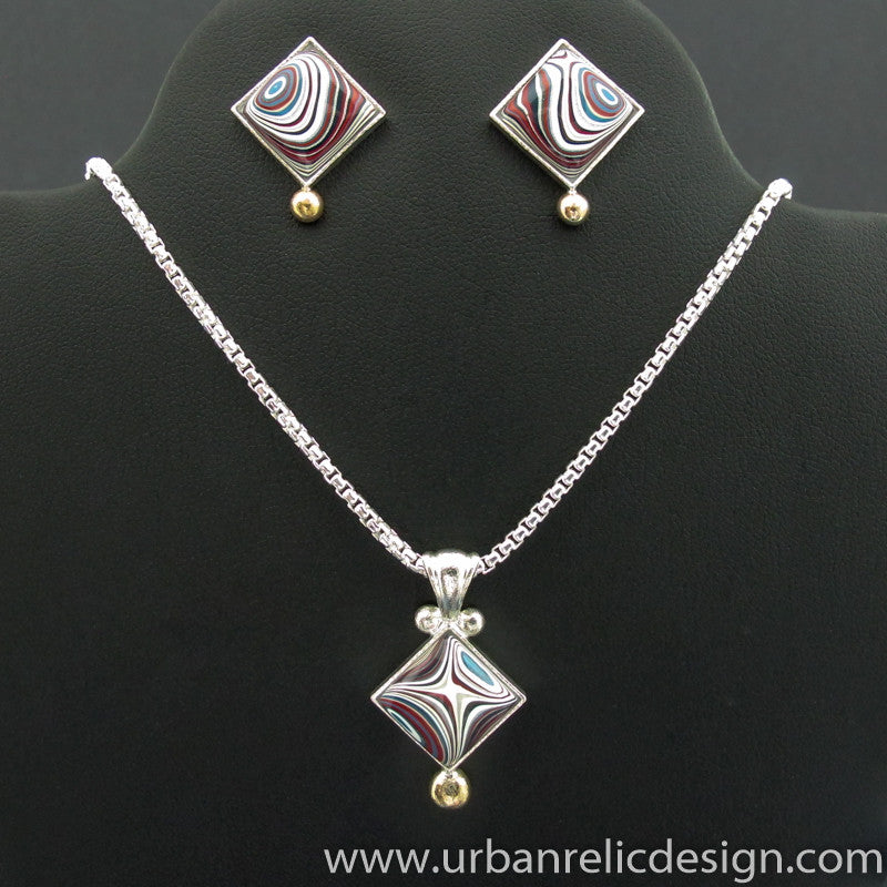 Sterling, 14K Gold and Motor Agate Fordite Necklace and Earring Set #1984