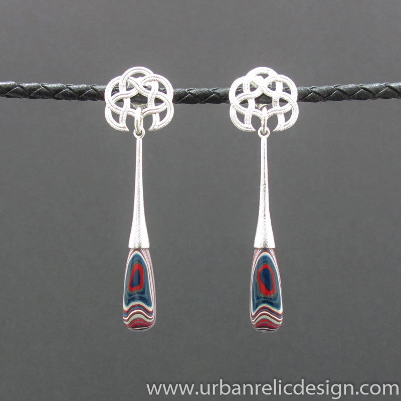 Sterling Silver and Motor Agate Fordite Long Bead Earrings #2087