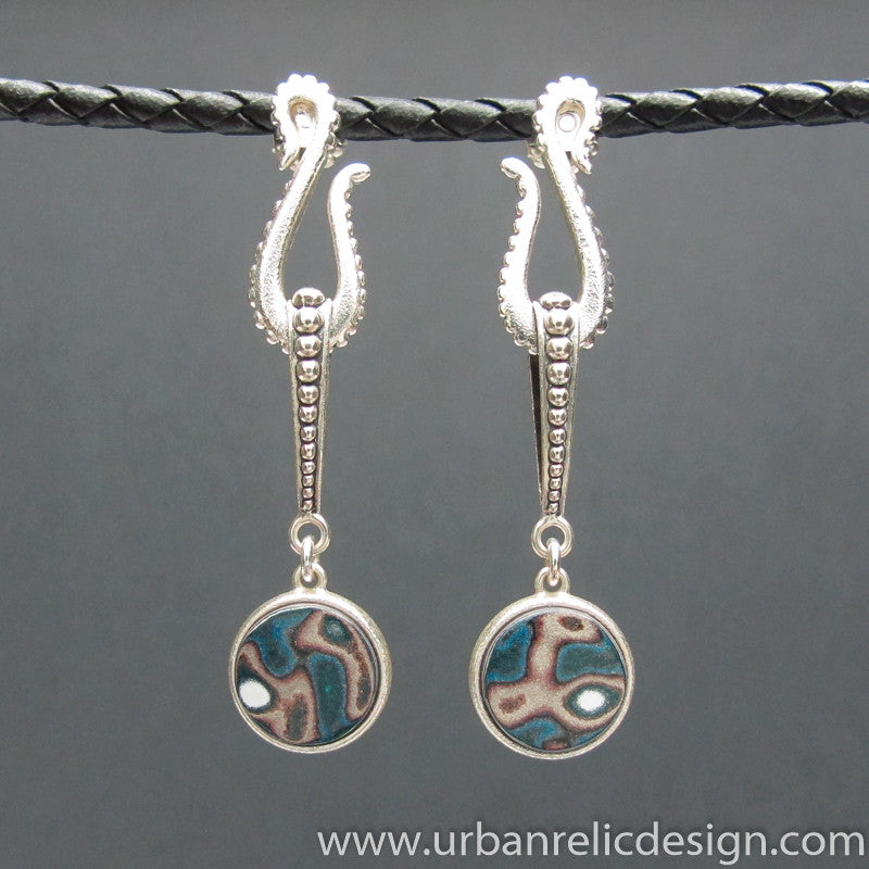 Sterling Silver and Motor Agate Fordite Reversible Earrings #1897