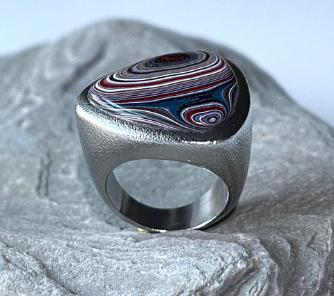 Stainless Steel and Motor Agate Fordite Biggie Ring #2236