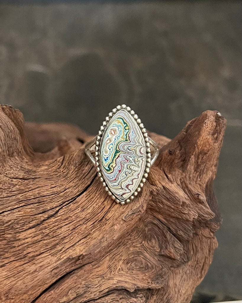 Sterling Silver and Motor Agate Fordite Marquise Ring #2247