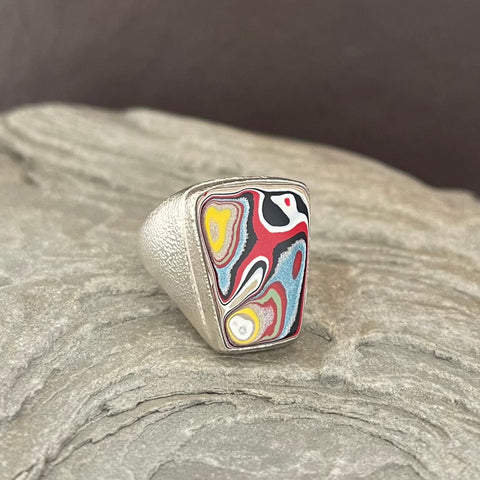 Sterling Silver and Motor Agate Fordite Keystone Ring #2261