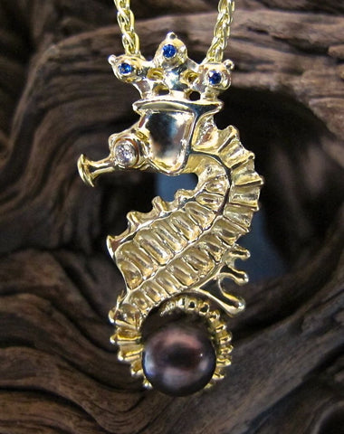 14K Gold King Of The Sea Pendant - Freshwater Pearl, Diamond & Saphire #217P
