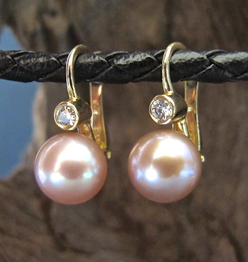14K Gold, Natural Pink Fresh Water Pearl & Diamond Earrings #ER17