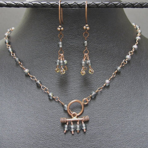 Copper & Grey Glass Bead Necklace and Earring Set #1147