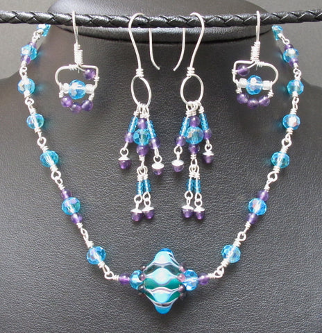Sterling Silver, Boro Focal Bead, Czech Glass and Amethyst Necklace and Earrings Set #1140