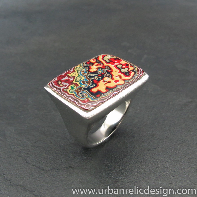 Stainless Steel and Motor Agate Fordite Large Rectangle Ring #1967