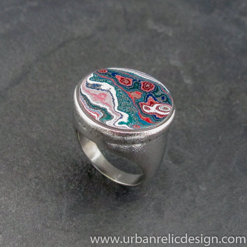 Stainless Steel and Motor Agate Fordite Ring #2139
