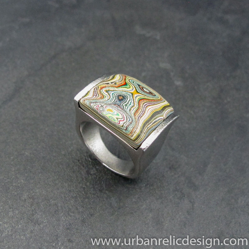 Stainless Steel and Motor Agate Fordite Ring #2140
