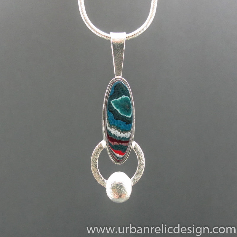 Sterling Silver and Motor Agate Fordite Long Oval Necklace #1982