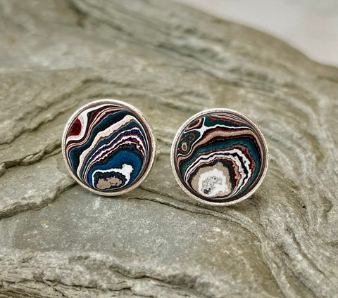 Sterling Silver and Motor Agate Fordite Round Cufflinks #2237